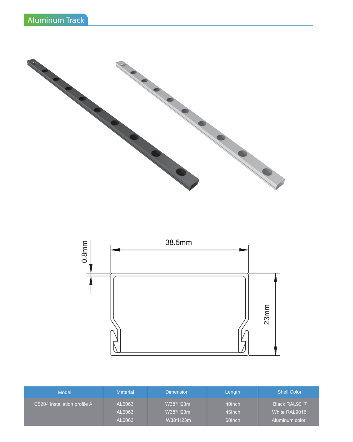 C5204 installation profile A with track image and cross-section dimensions