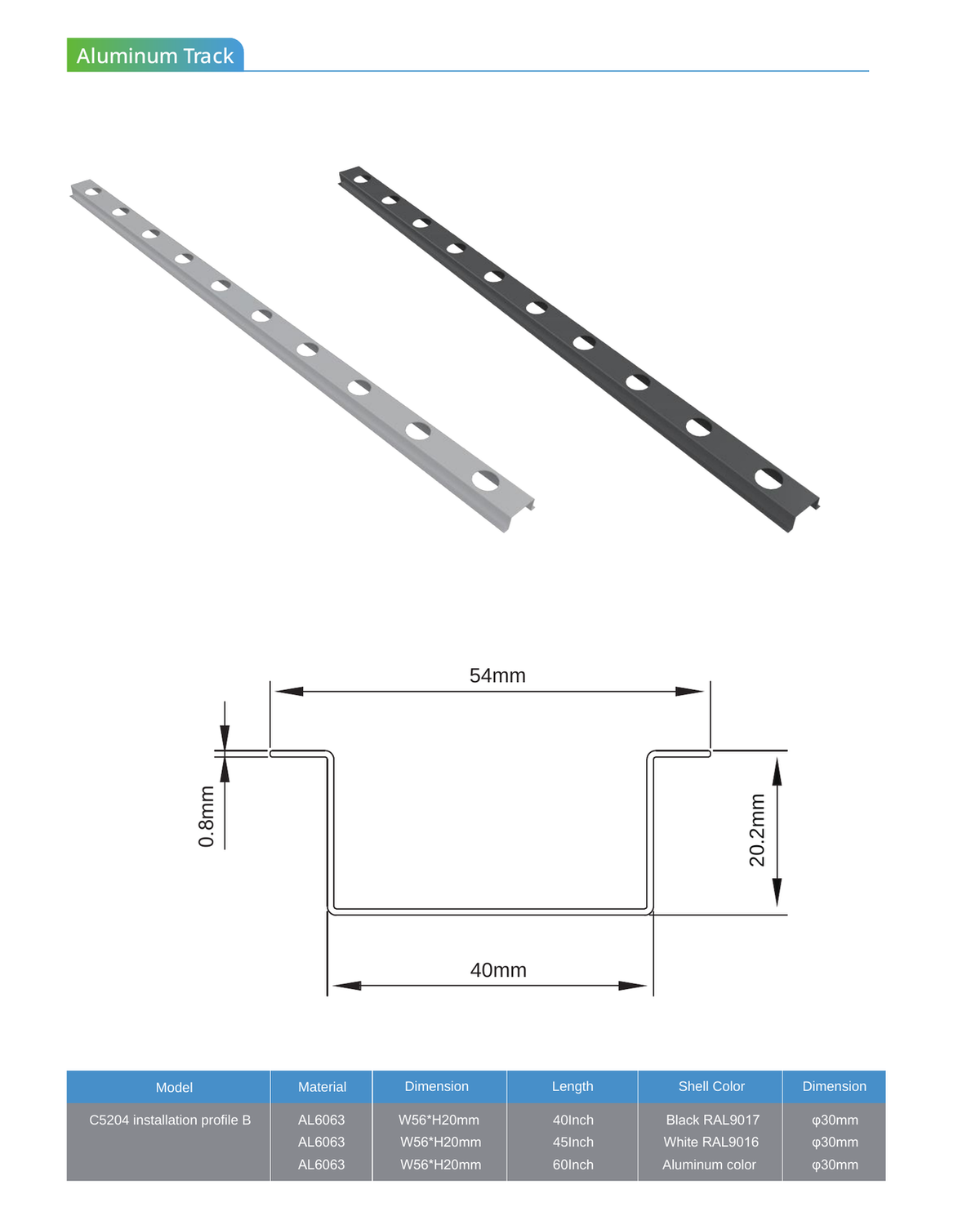 C5204 installation profile B with track image and cross-section dimensions