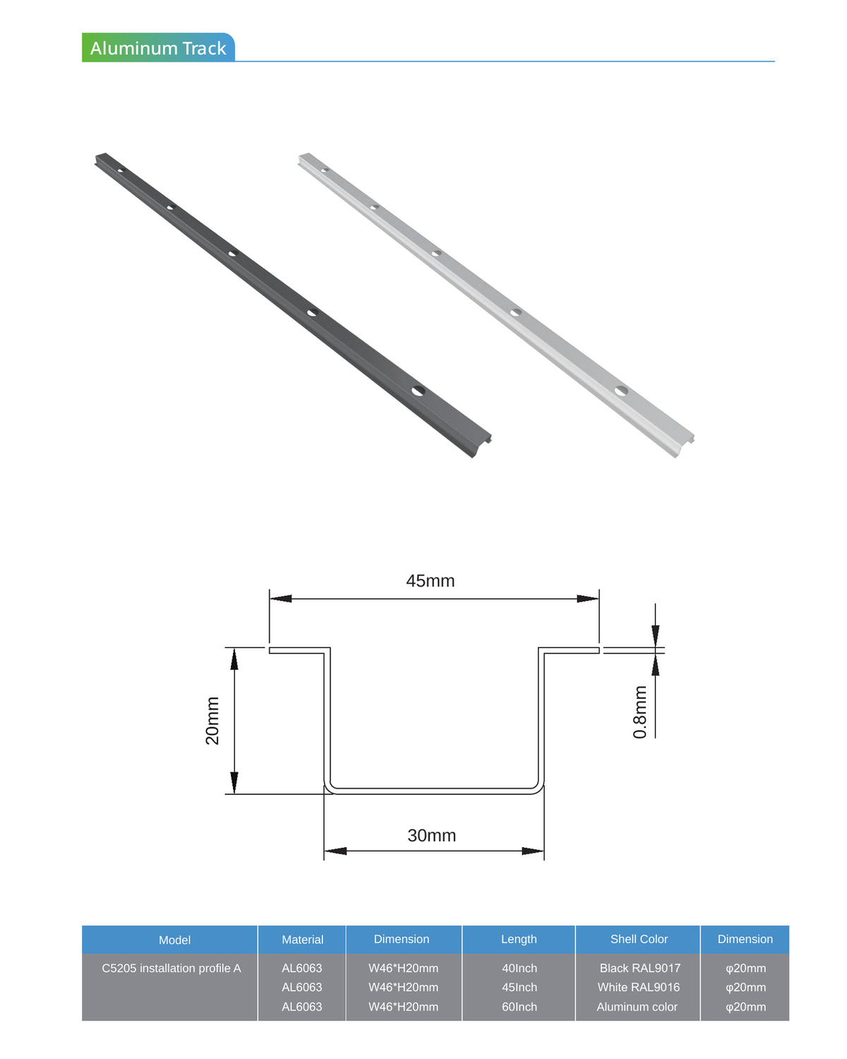 C5205 installation profile A with track image and cross-section dimensions