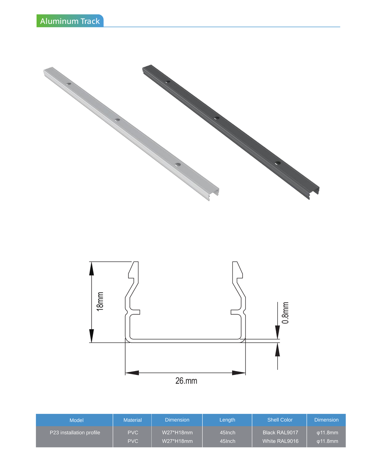 P23 installation profile with track image and cross-section dimensions