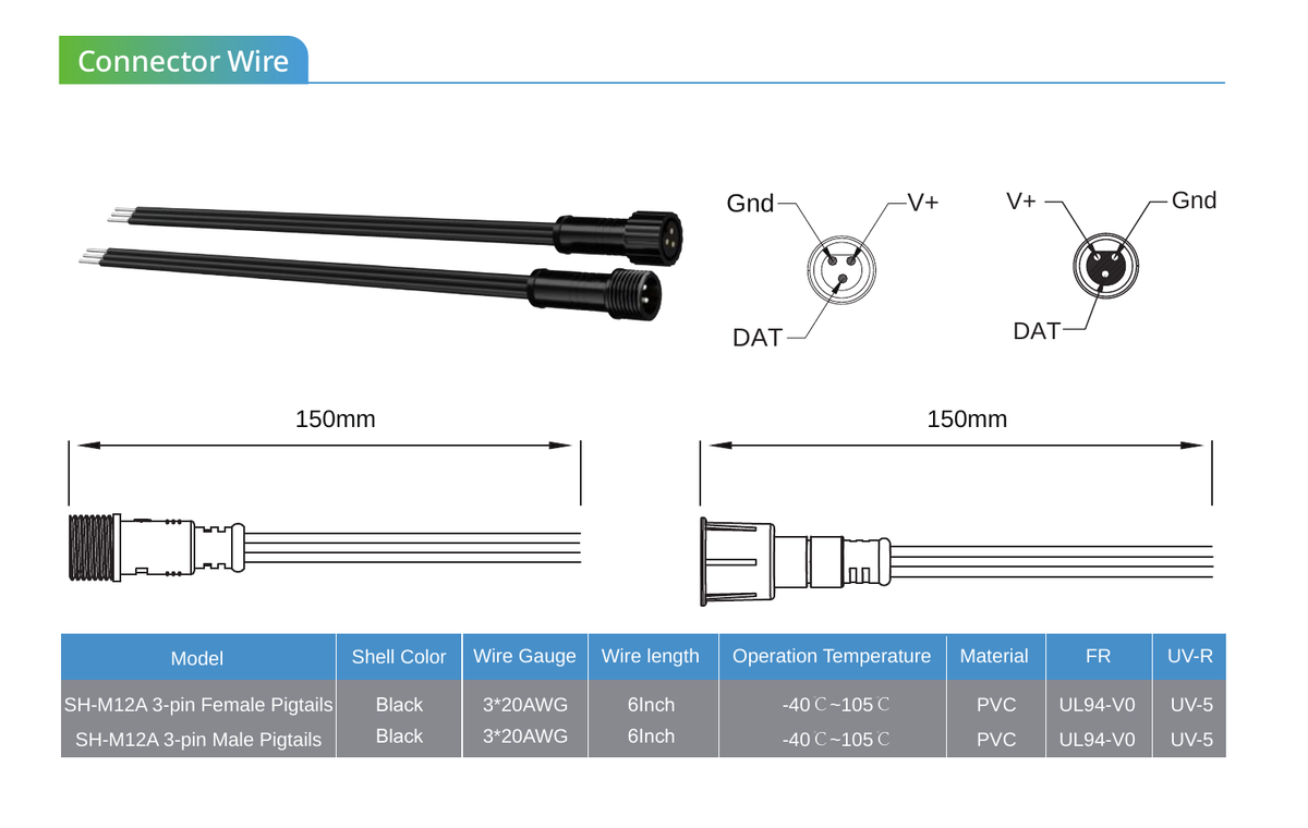 SH-M12A 3-pin male and female pigtails with pinout, dimensions and specifications